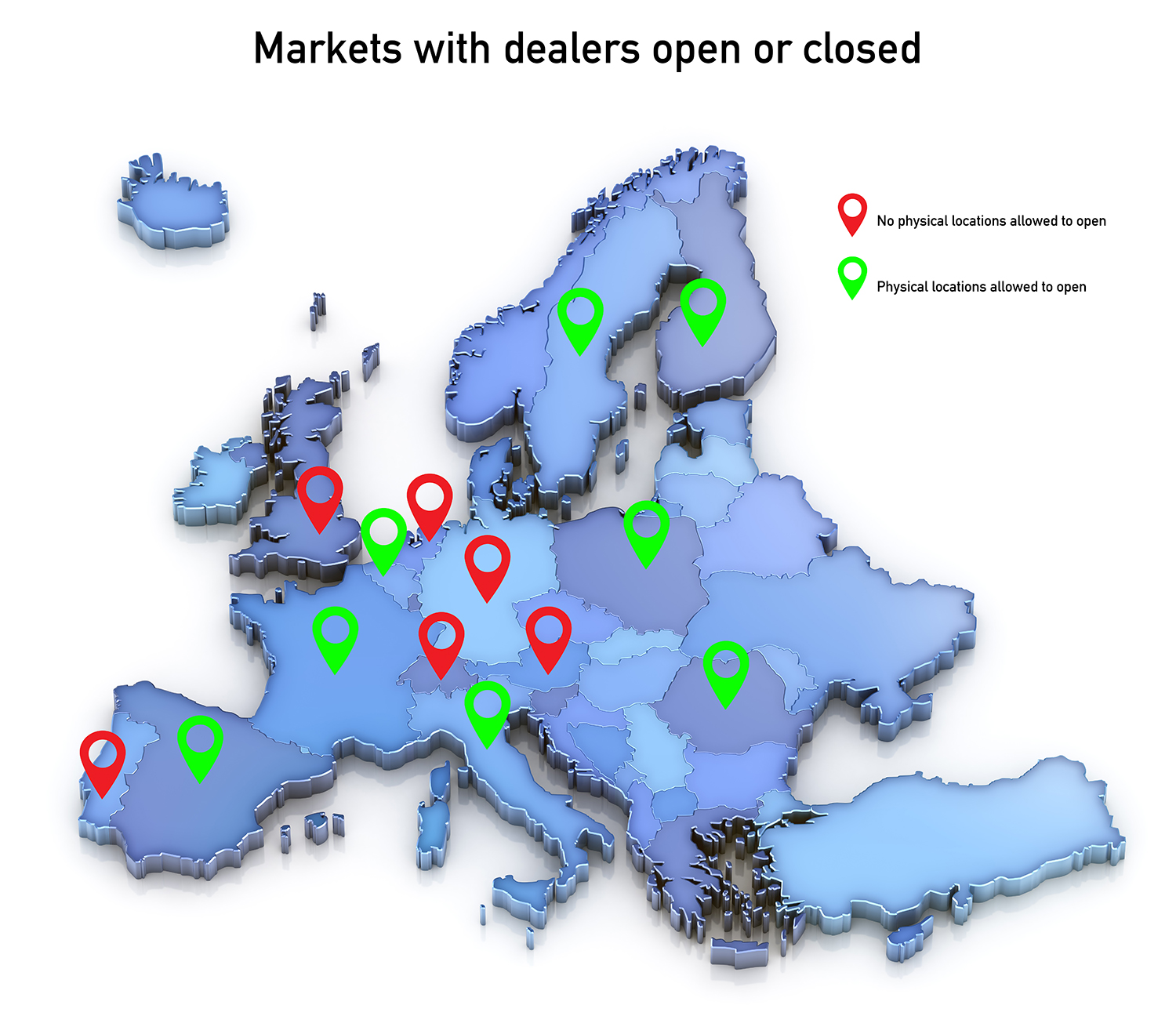 European map showing locations of dealerships open and closed during COVID-19 lockdowns