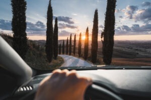 A car driving along a tree-lined road in Italy