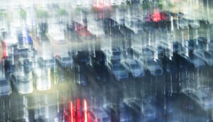 Blur of cars parked on parking lot at night in China.
