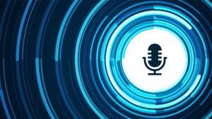 Podcast concept. Microphone with voice recording wave. Future technology