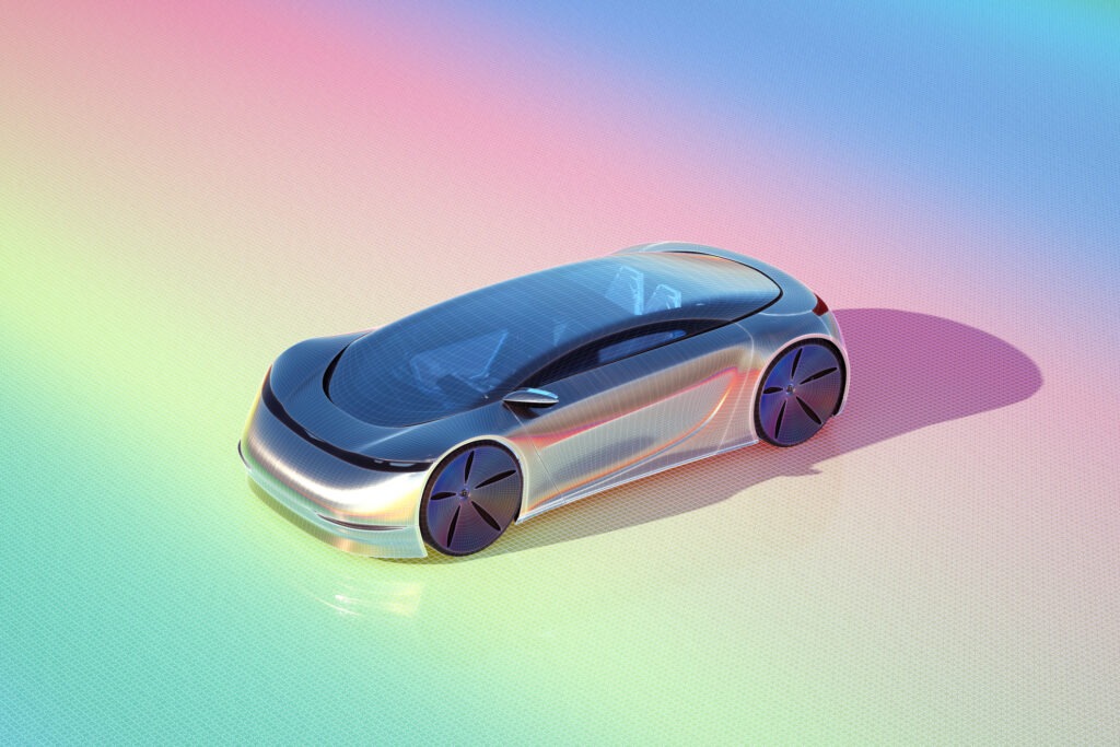 Digital generiertes Bild eines futuristischen Autos, das auf einer mehrfarbigen digitalen reflektierenden Oberfläche steht.