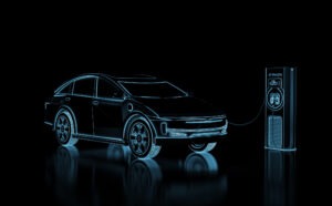 3d rendering scan ev car or electric vehicle plug in with recharging station