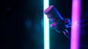 Studio microphone with neon lighting and futuristic ambiance