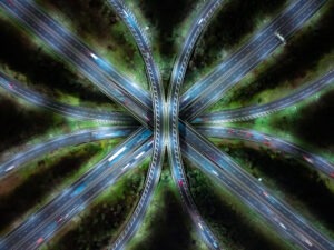Aerial night shot of Almondsbury Roundabout at Junction 16, M5 and M4 motorway near Bristol, UK