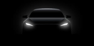 Front car silhouette with rear white lights on dark black background, wallpaper, banner template. Vector illustration