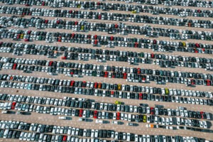 Aerial view of the stock of a large number of cars parked with order outside of an automobile company.