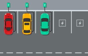Electric car charger top view. Battery hybrid car parking recharge vector icon.