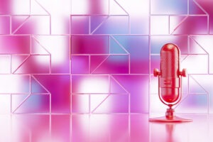 Microphone with Transparent Glass Panel in Front of Neon Lights