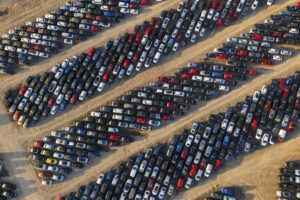 Aerial view of stockpiled used cars