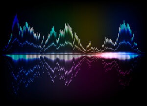 Colorful sound waves lights effect. Music round background or voice control wave.