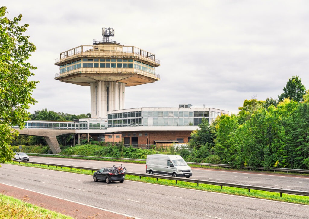 A view across the M6 Motorway to the Lancaster Forton motorway services, built in the 1960s.