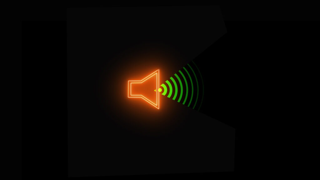 Graphic of a red and green speaker on a black background