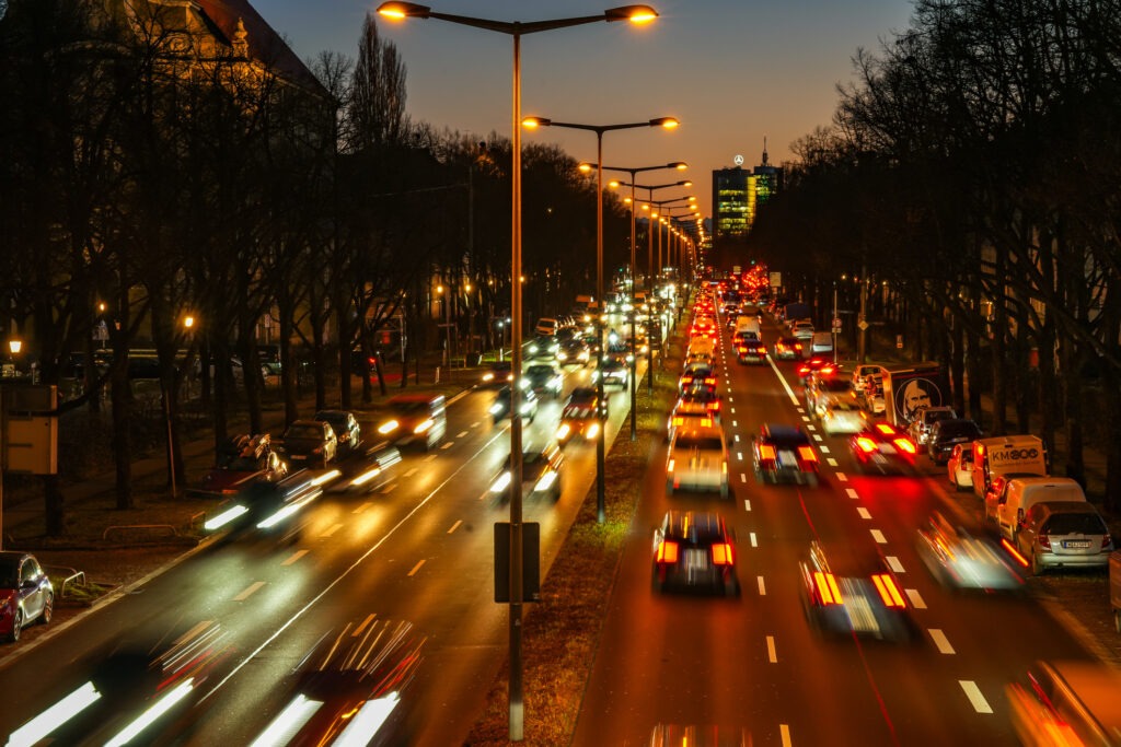 Munich, Bavaria, Germany, December 18, 2025. Aerial view of the busy Landshuter Allee in Munich during rush hour traffic at dusk.