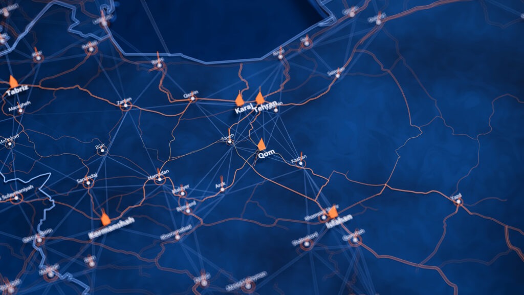 Qom map big data visualization. Futuristic map infographic of city in Iran. Visual map data complexity in modern blue and orange colours.