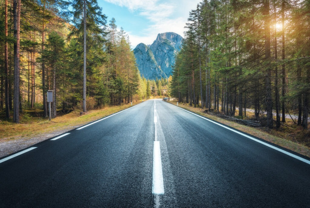 Road in summer forest at sunset in Italy. Beautiful mountain roadway, trees with green foliage and sunlight. Landscape with empty asphalt road through woodland, blue sky, high rocks. Travel in Europe