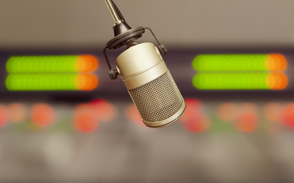 Professional microphone and sound mixer in radio studio