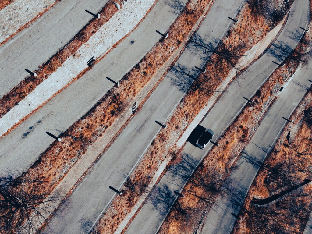 Aerial view of curvy mountain road in Italy