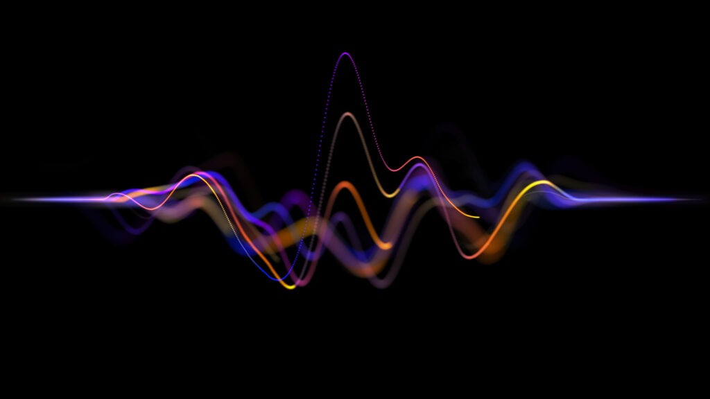 Abstract neon background glowing sound waves motion purple orange blue audio waves noise frequency waveform music track voice recording audio spectrum futuristic digital aesthetic cinematic energy premium visual depth atmosphere